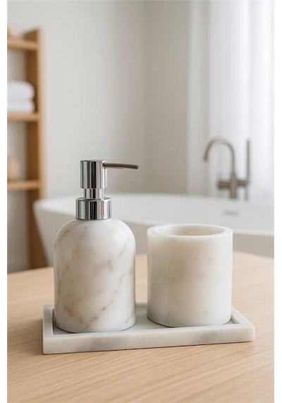 Akayev Mermer Beyaz 3 Parça Gümüş Banyo Seti Mutfak Sıvı Sabunluk Seti Beyaz