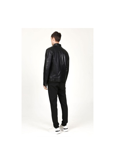 Dericlub Arthur Erkek Dik Yaka Slim Fit Gerçek Deri Mont Siyah Siyah