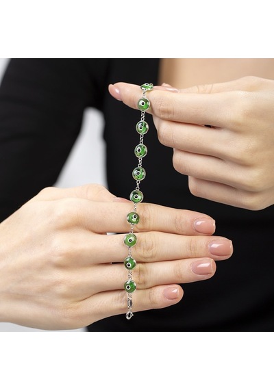 Tesbihane Nazar Boncuğu Detaylı Yeşil Mineli Silver Renk 925 Ayar Gümüş Kadın Bileklik