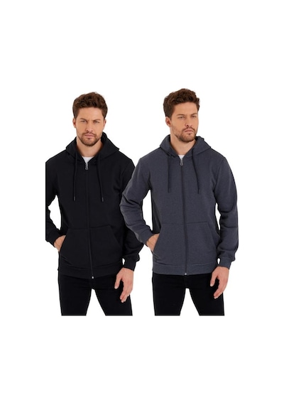 MMetalic Siyah-Antrasit Kanguru Cepli Kapüşonlu Fermuarlı İçi Pamuklu 2'Li Erkek Sweatshirt