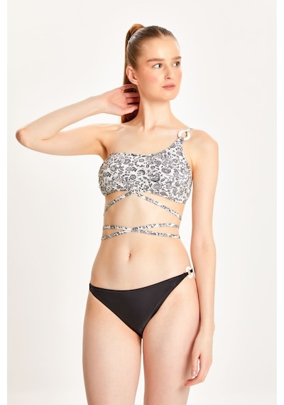 Too Salty Swimwear Kadın Siyah Beyaz Desenli Tek Omuz Halka Aksesuarlı İp Bağlamalı Bikini Takımı 24s122st Renkli