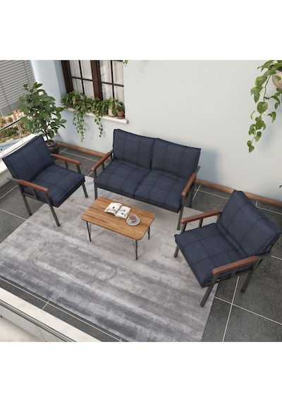 Mygusi Modern Balkon, Bahçe, Cafe - Metal Kanepe Koltuk Takımı - 2+1+1 Sehbalı Lacivert