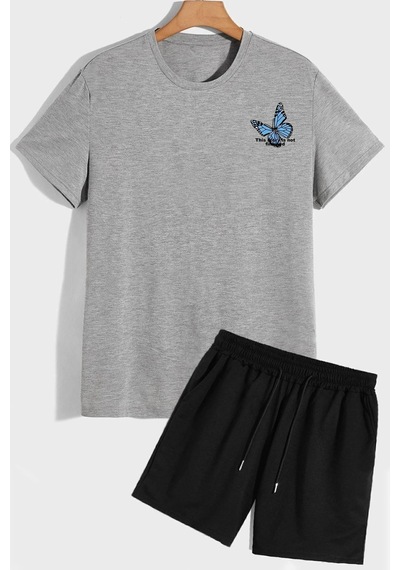 Uyguntarz Sırt Baskılı Şort T-shirt Eşofman Takımı Gri