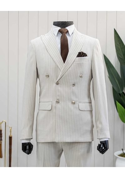 Beystil Sivri Yaka Bej Çizgili Kruvaze Takım Elbise Lecce - Slim Fit Bej