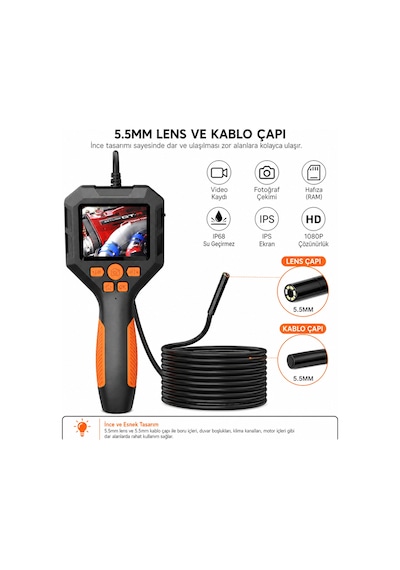 Uninet 5 Metre Ekranlı 5.5mm Sert Kablo Endoskopi Yılan Kamera