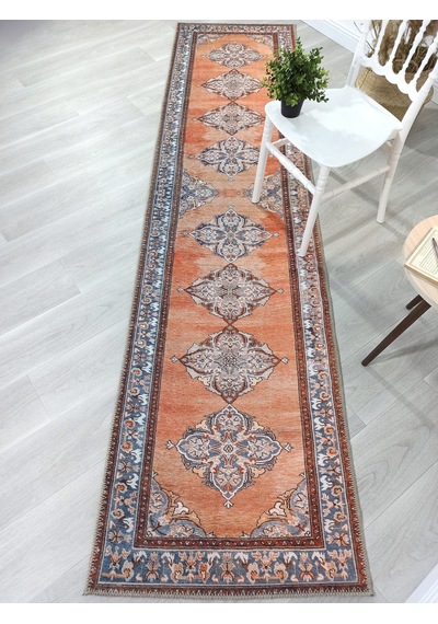Turuncu Ve Mavi Medalyonlu Vintage Halısı - 20193264ou