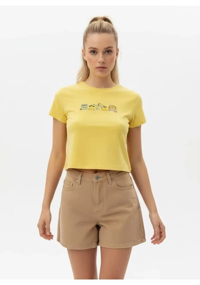 Park Karon 26025 Pamuk Desenli Crop Boy Bisiklet Yaka Örme Bluz Sari 40