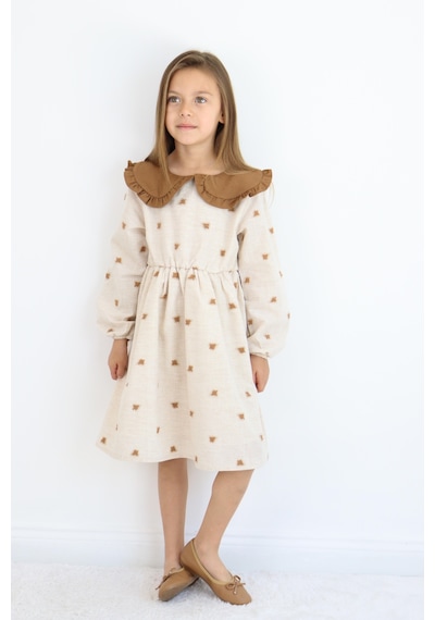 Miababy Yakalı Keten Elbise 1-8 Yaş Kahverengi