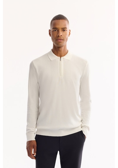 Avva Erkek Ekru Polo Yaka Fermuarlı Rayon Tüylenmeyen Dokulu Triko Regular Fit Kazak A52y5019