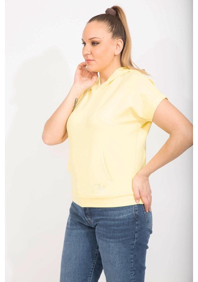 Şans Kadın Sarı Büyük Beden Kapşonlu Kanguru Cepli Kısa Kollu Sweatshirt 65n35613-sarı Sarı