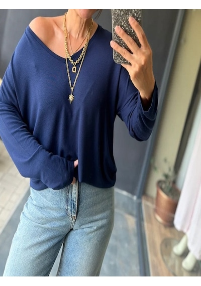 Mirve Butik V Yaka Yumoş Merserize Bluz Lacivert