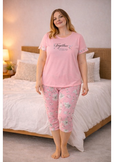 Nisanca Kadın Büyük Beden Kapri Pijama Takımı Yumuşak Dokulu, Konforlu Ev Giyimi Pudra