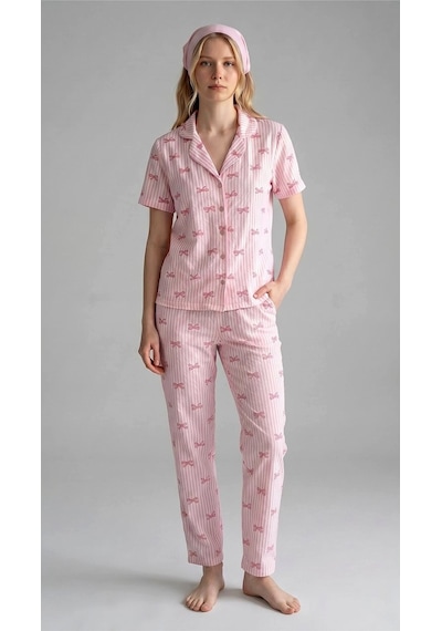 Suısy Pink Bow Pembe Fiyonk Desenli Uzun Pijama Takımı