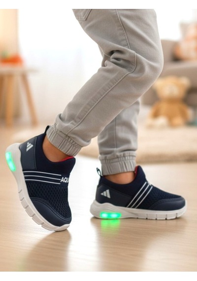 Ellaboni Kız / Erkek Çocuk Yumuşak Işıklı Spor Ayakkabı Nefes Alabilen Hafif Aqua Sneaker Lacivert Beyaz