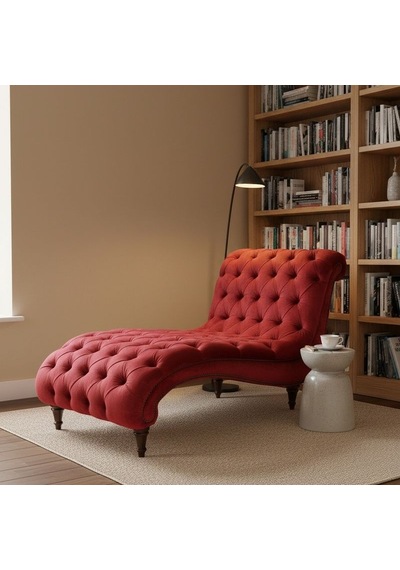 Queen Kadife Chesterfield Dinlenme Koltuğu - Kırmızı