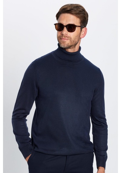 Tudors Erkek Slim Fit Dar Kesim Yumuşak Dokulu Tüylenmeyen Lacivert Tam Balıkçı Yaka Triko Kazak-29110 Lacivert