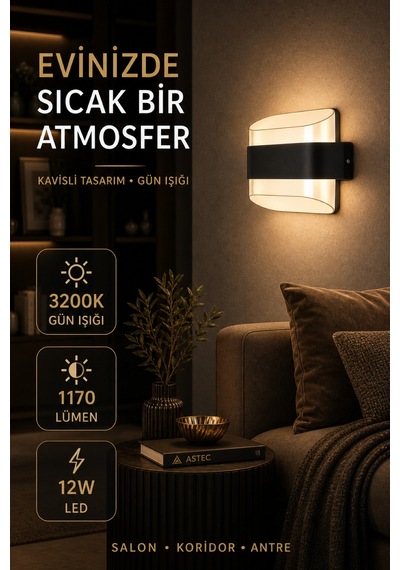 Astec Elit 12w Kavisli Elektrikli Led Duvar Aplik 3200k Gün Işığı İç Dış Mekan Balkon Bahçe Su Toz Geçirmez