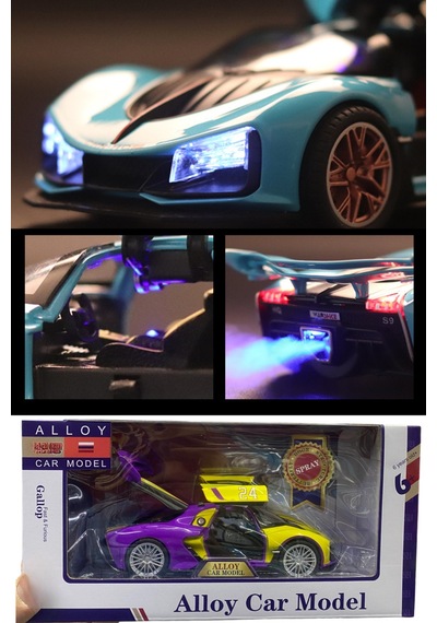 Sesli Işıklı Buhar Atan Metal Die Cast Model Sarı Spor Oyuncak Araba 20x8x5 Cm Çok Renkli