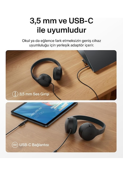 Soundform Mini Kids Kablolu Kulaklık Siyah Usb-c + 3,5 Mm Adaptör, Dahili Mikrofon, 85 Db Ses Sınırı, Eğlenceli Çıkartmalar, İphone, İpad, Galaxy Uyumlu