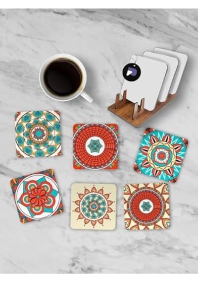 Pster21257 Etnik Mandala Desenli Standlı Ahşap Bardak Altlığı Seti, 6 Adet Baskılı Bardak Fincan Kahve Altlığ Genel