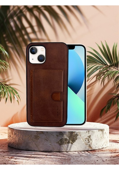 Kartlıklı Tutacaklı Apple Uyumlu iPhone Hakiki Deri Koruyucu Kılıf 12 Pro Kahverengi