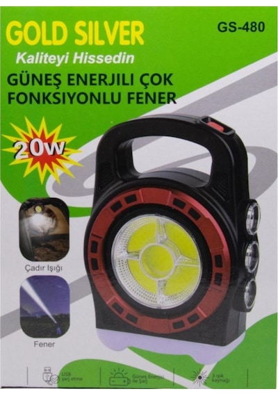 Gold Silver Gs 480 20w Güneş Enerjili Çok Fonksiyonlu Fener Siyah - Kırmızı