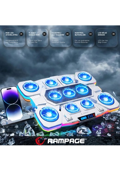 Rampage S50 Glacier Beyaz Rgb Işıklı 11 Fanlı Lcd Göstergeli 1 Type C 1 Usb Girişli Yükselebilen Notebook Soğutucu