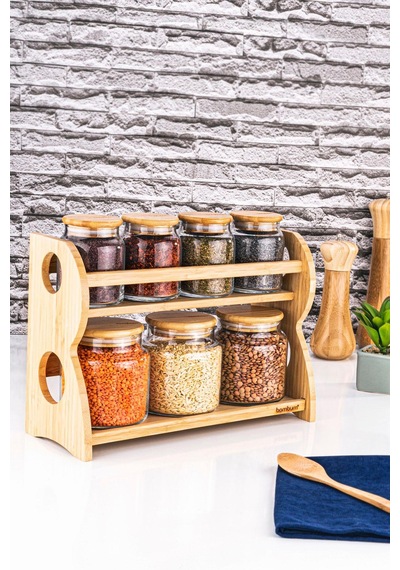 Bambum Bench - 8 Parça 2 Katlı Standlı Baharatlık Seti