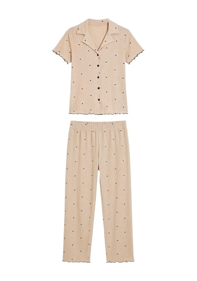 Cottonhill Vizon Kalp Desenli Pointel Gömlek Yaka Kadın Pijama Takımı