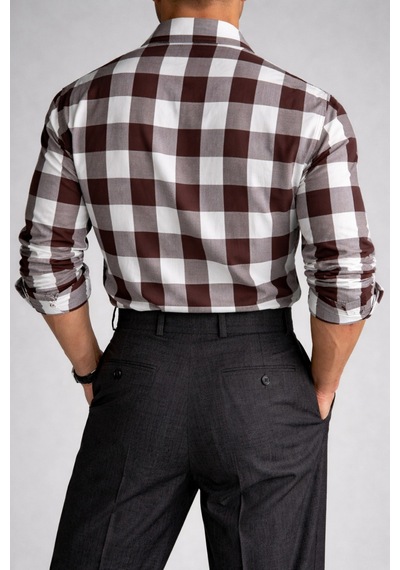 Erkek Ekose Gömlek Slim Fit Pamuklu Uzun Kollu Günlük Şık Gömlek Kahverengi