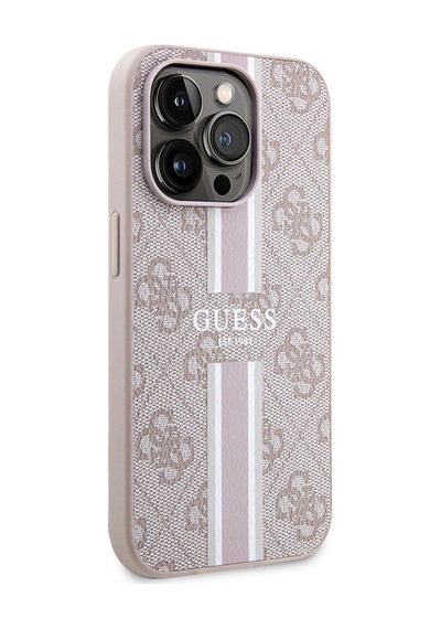 Apple Uyumlu iPhone 14 Pro Max Kılıf Guess Lisanslı Magsafe Şarj Özellikli 4g Şerit Tasarımlı Printed Kapak Pembe