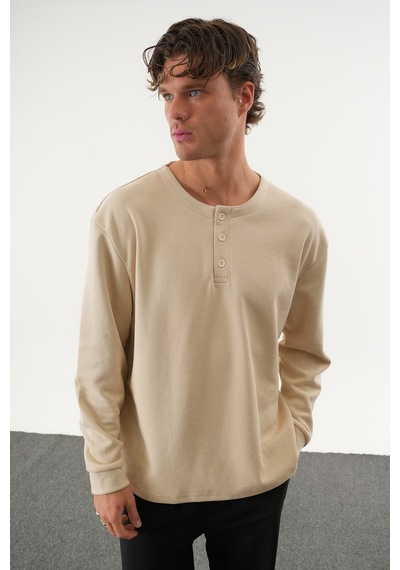 Redline Taren Oversize Erkek Kışlık Düğmeli Sweatshirt Bej