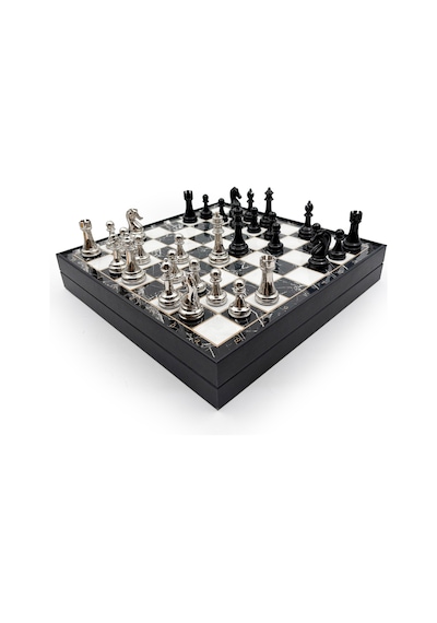 Ahşap - 50 - Satranç Takımı Siyah Gümüş Metal Taşlı Merkp36s - 30cm, Siyah-gümüş - Muratech - - Merkp36s30sg