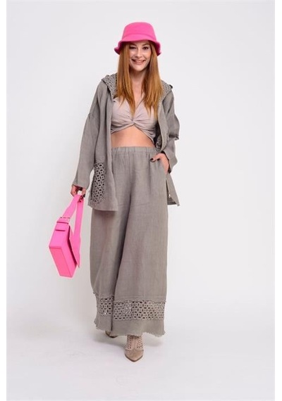Eren Style İtalyan Fisto Detaylı Keten Pantolon-9186 Vizon