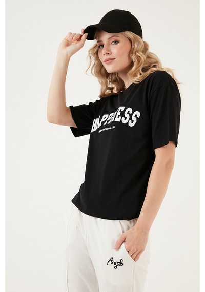 Lela Baskılı Pamuklu Oversize Bisiklet Yaka Bayan T Shirt 541Happiness Siyah