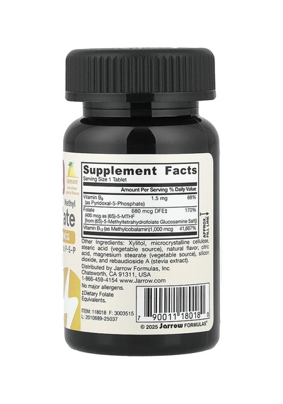 Jarrow Formulas, Vegan Methyl B-12 & Methyl Folate, Lemon, 100 Chewable Tablets