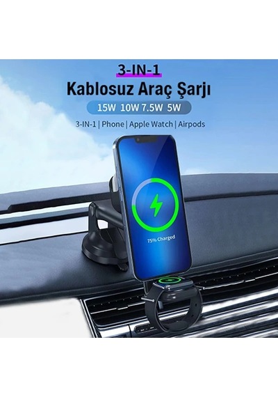 Ally Wireless Şarjlı 3in1 Torpido Üstü Ve Havalandırma Telefon Kulaklık Saat Tutucu- 5775 Siyah