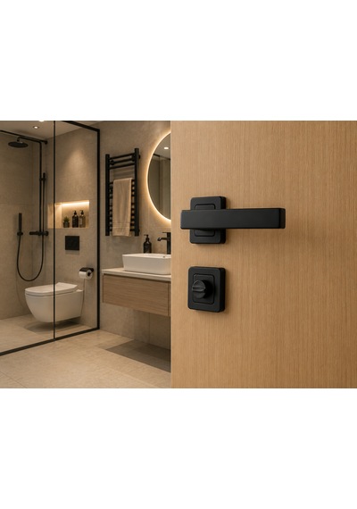 Kare Rozetli Wc Banyo Kapı Kolu Tam Set Mat Siyah 40 Mm Sessiz Kilitli Alüminyum Kol