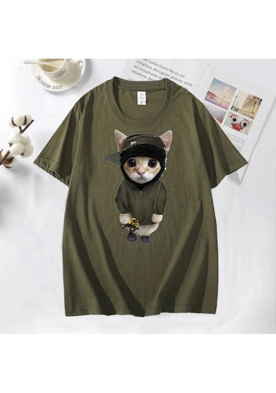 Flood Of Style Tonka T Shirt İle Yeat Kitty Erkekler Komik Sevimli Kedi Grafik Tee % Baskılı Tişört Pamuk Te Yeşil