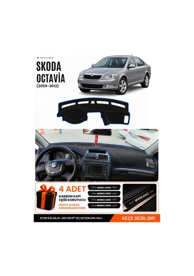 Skoda Octavia 2009-2012 Uyumlu Torpido Koruma, Torpido Örtüsü, Torpido Kılıfı - Siyah Mavi