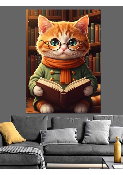 Kitap Okuyan Sevimli Kedi Dekoratif Kanvas - Mdf Ahşap Tablo