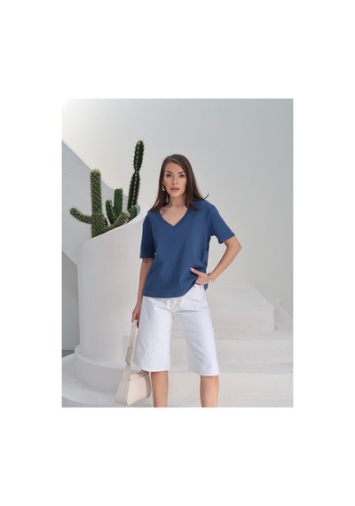 Paw Garage Kadın Massi İnterlok Kumaş V Yaka Oversize T-shirt Mavı