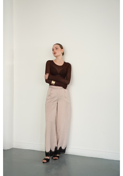 Verymoda Paçası Dantelli Saten Pantolon D2969 Taş