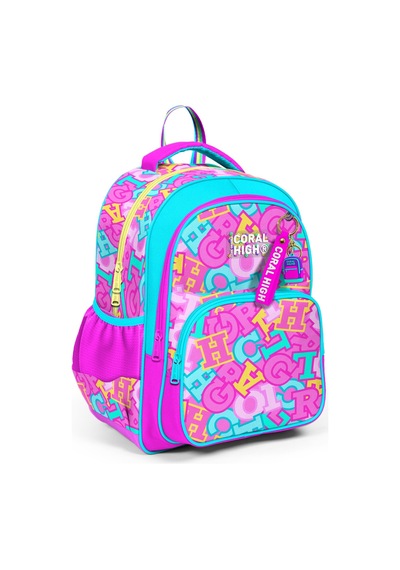 Coral High Kids Pembe Su Yeşili Harf Desenli Üç Bölmeli Okul Sırt Çantası 33241 124-Pembe