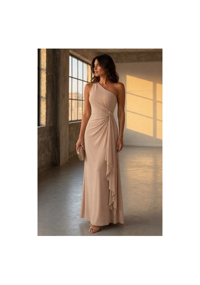 Lior Design Kadın Sade Tek Omuz Kemerli Maxi Abiye Elbise Bej