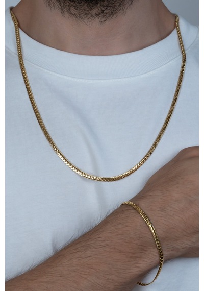 Gold Ezme Yassı Yılan Çelik Unisex Kolye Ve Bileklik Seti Eck37S