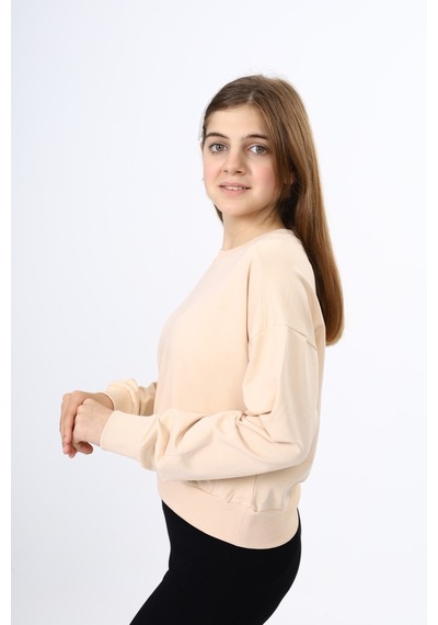 Toontoy Kız Çocuk Relax Fit Bisiklet Yaka Düşük Omuz Sweatshirt - 2 İplik Bej