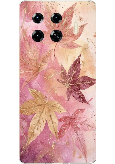Tecno Spark 20 Pro+ Plus Uyumlu Pembe Ve Bordo Tonlu Yaprak Baskılı Silikon Kılıf Renkli