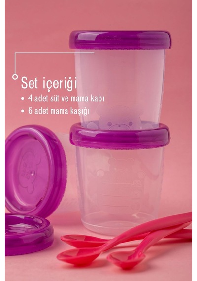 Süt Ve Mama Saklama Kabı & Kaşık Seti / 4 Adet Mama Kabı - 6 Adet Mama Kaşığı Çok Renkli