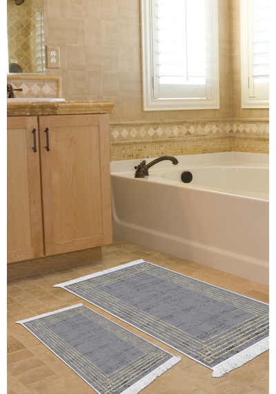 Dekoreko Kaymaz Taban Djt 2 Li Banyo Paspas Takımı Trend Saçaklı Modern M5142 Antrasit